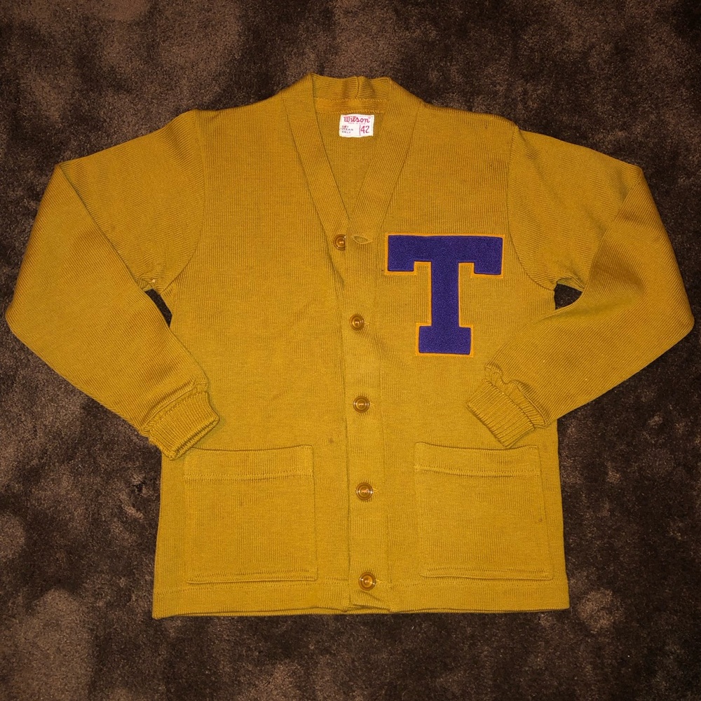 Vintage Wilson Mustard Yellow Cardigan with Purple 'T' Patch